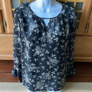 B-Design  Dark Floral Black Gray White Sheer Blouse with Camisole X Large